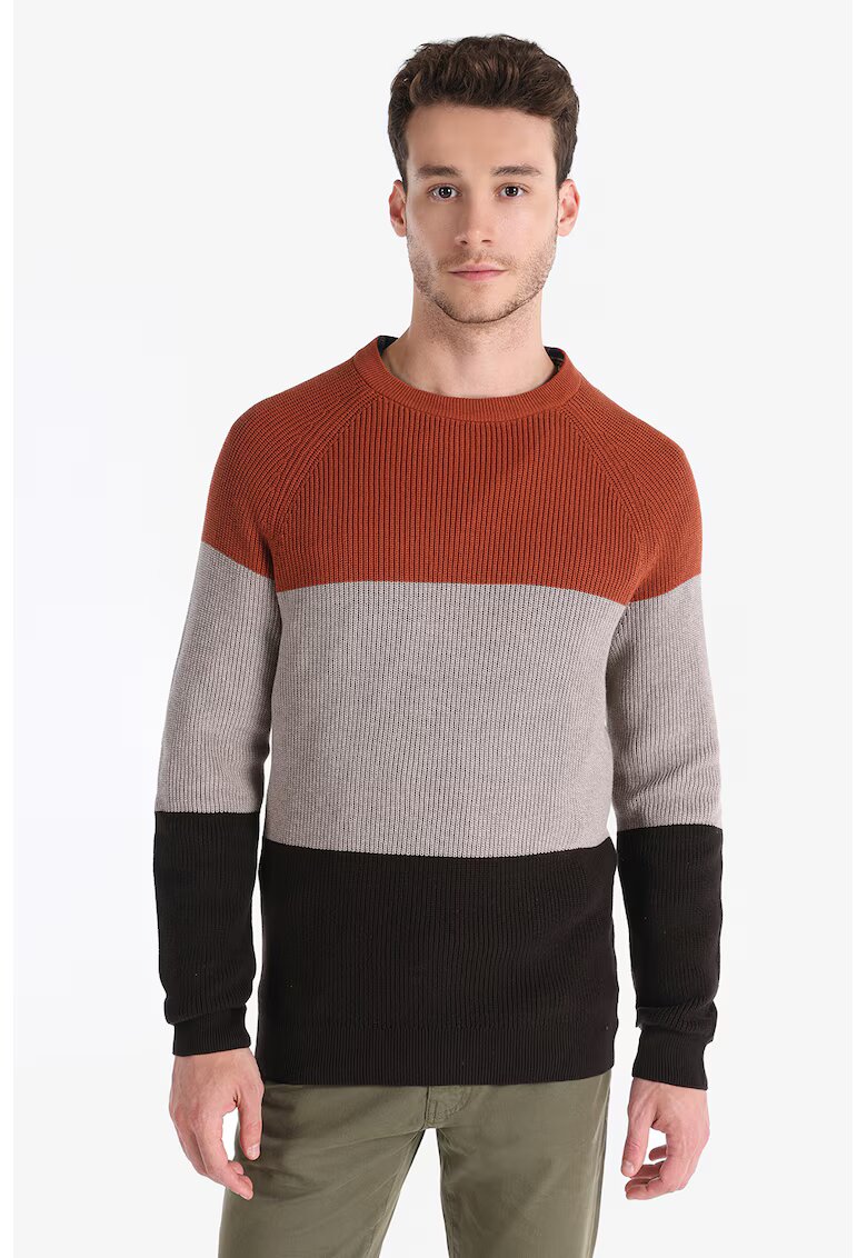 COLINS Pulover cu decolteu la baza gatului si maneci raglan - Negru/Maro taupe deschis/Caramiziu