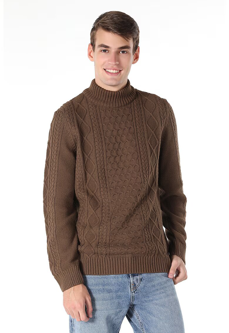 COLINS Pulover cu model torsade si guler scurt - Maro