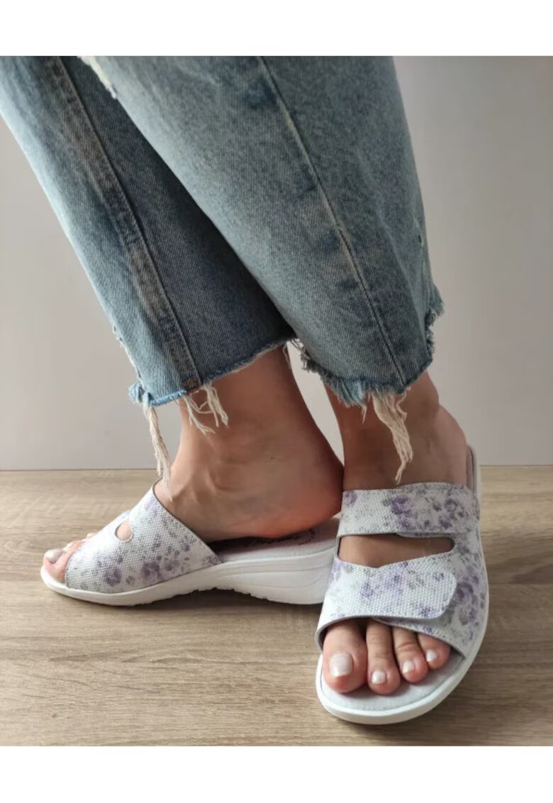 Comoda Saboti Medicali Dama 2 Velcri Albi + Flori Lila - Floral - Flori