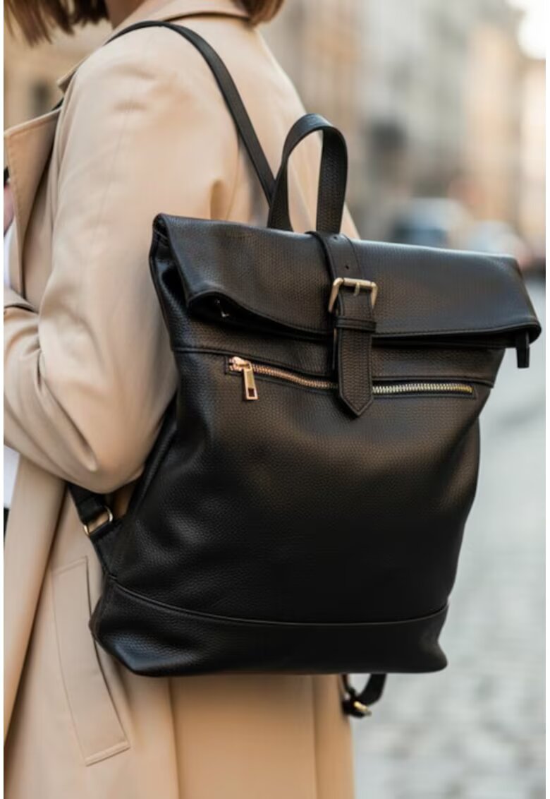 Dasha Rucsac dama Made in Italy - piele naturala - negru - 3 compartimente