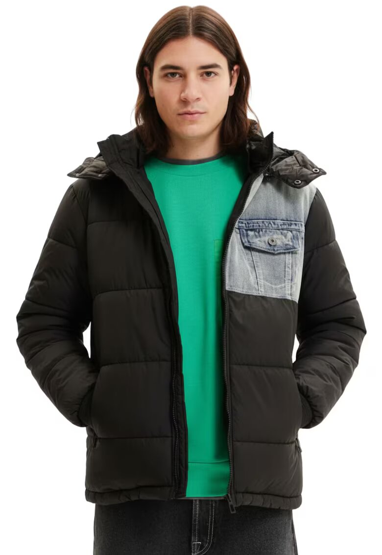 Desigual Geaca barbati neagra - poliester/bumbac - cu gluga reglabila
