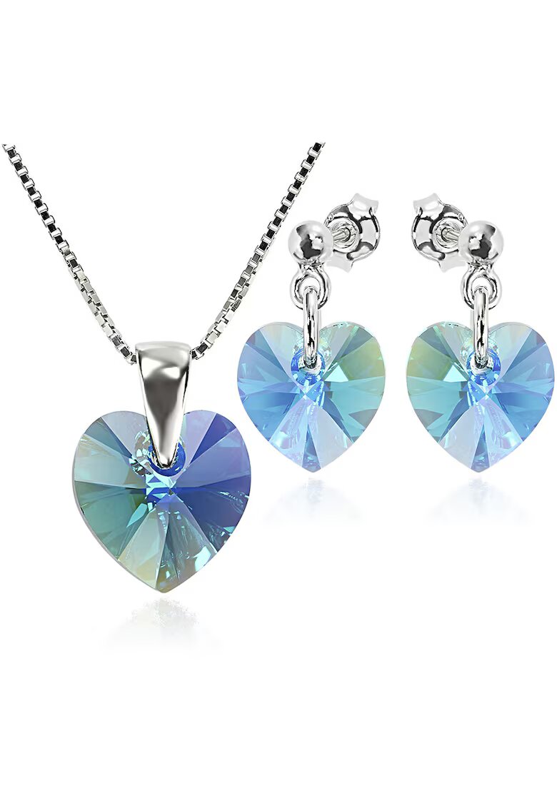 e-Crystal Set Argint 925 placat cu rodiu cu cristale Swarovski® Heart 10 mm Surub + Lant - Albastru