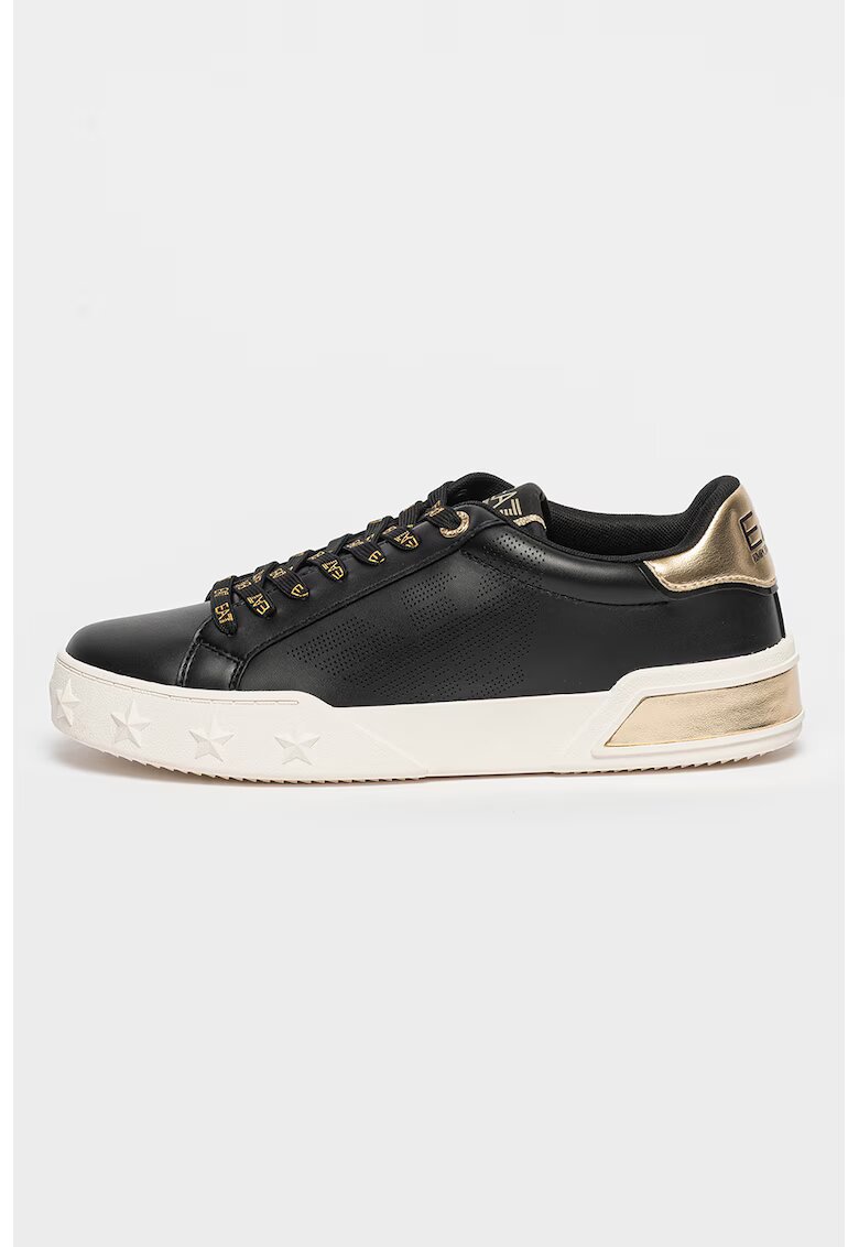 EA7 Pantofi sport de piele ecologica si logo perforat - Alb/Auriu/Negru