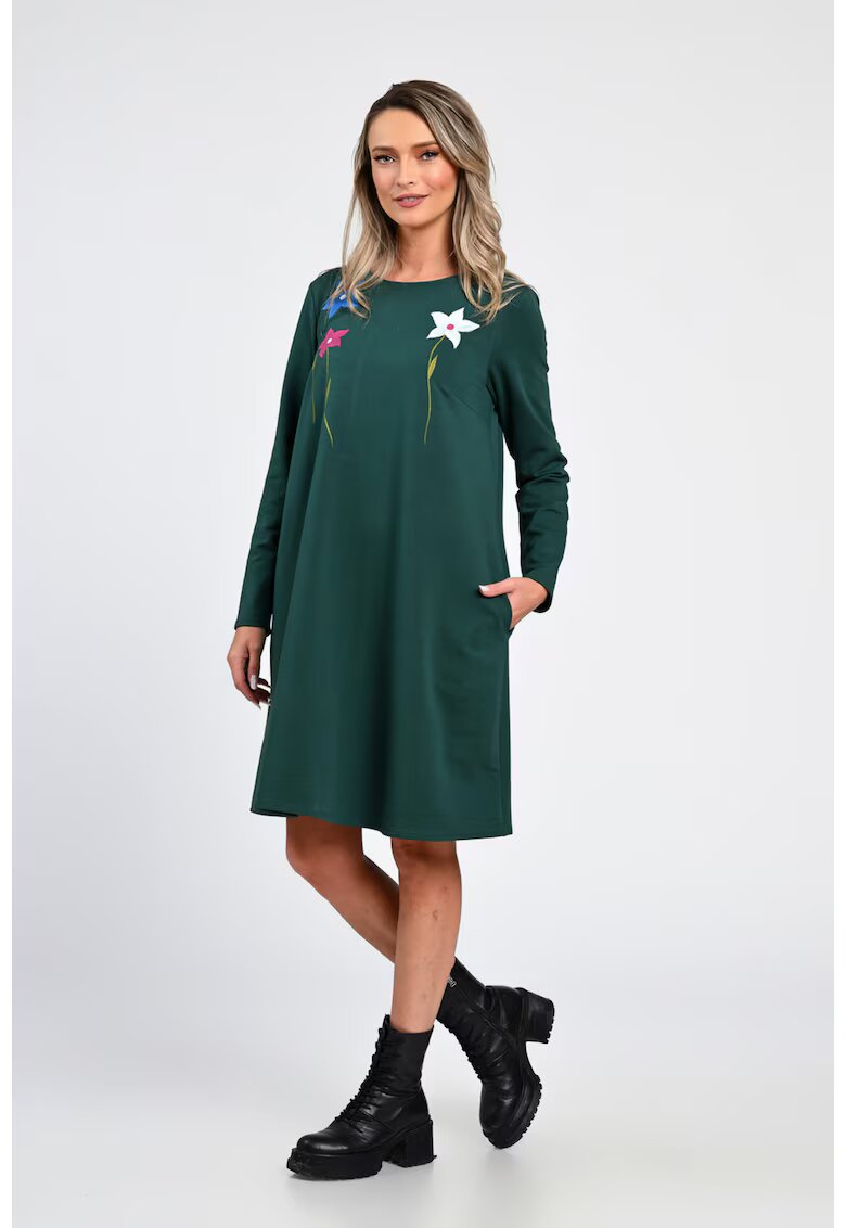 Eranthe Rochie Dama - A-Line - cu Buzunare Laterale si Pictura Realizata Manual V363 - Verde