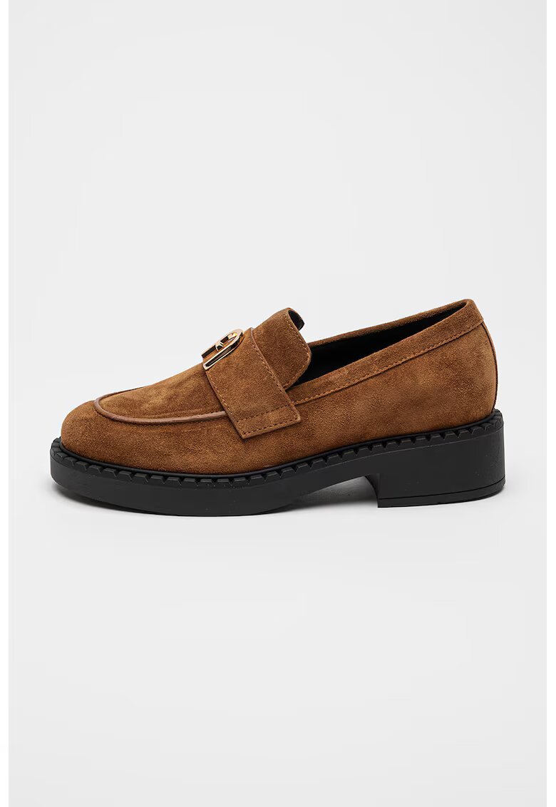 Furla Pantofi loafer de piele intoarsa cu toc si logo metalic - Maro deschis
