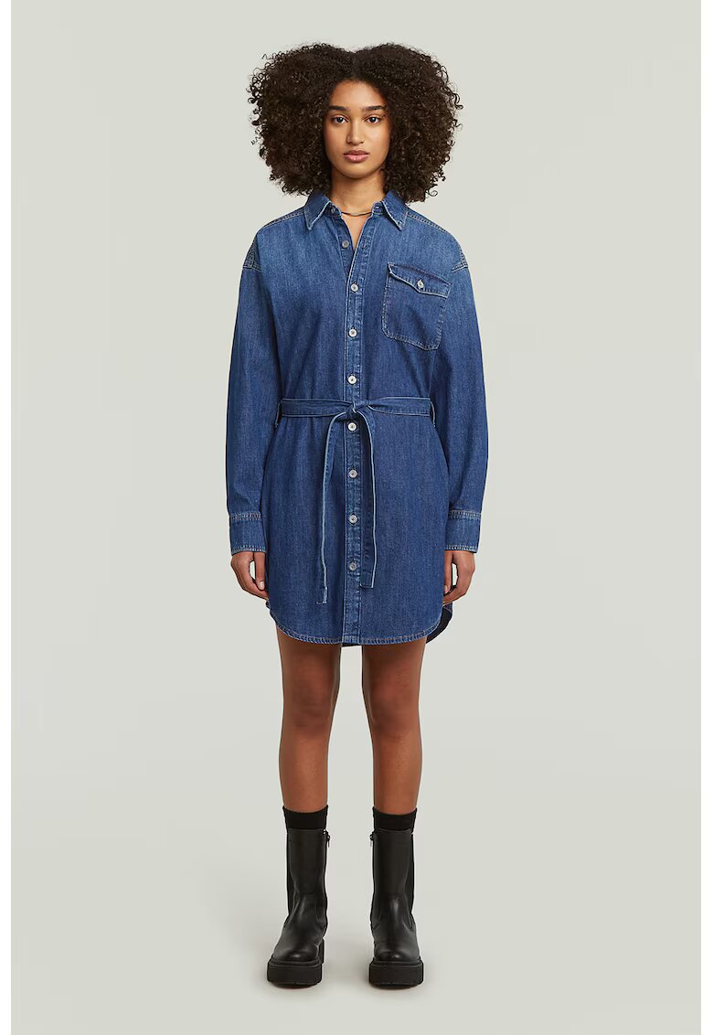 G-Star Rochie-camasa mini din denim cu cordon in talie - Albastru inchis