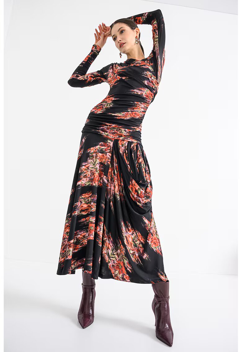 GANNI Rochie cu fronseuri si model floral - Negru/Rosu vermillion