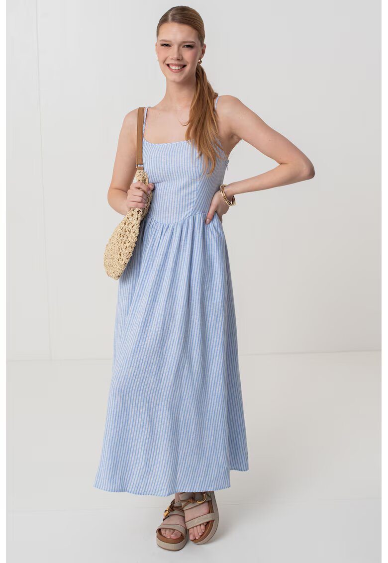 Gap Rochie maxi evazata din amestec de in cu bretele inguste ajustabile - Alb/Albastru pastel