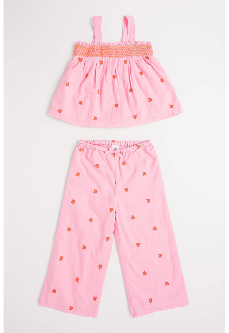 Gap Set de top de bumbac cu broderie si pantaloni - Roz