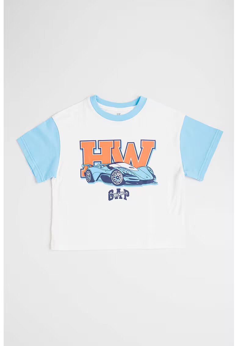 Gap Tricou cu imprimeu Hot Wheels - Alb/Portocaliu neon/Albastru