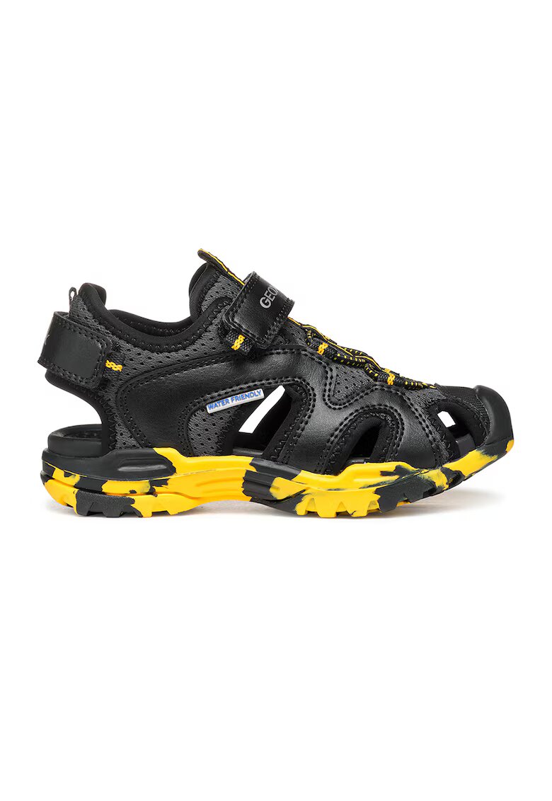 Geox Sandale de piele ecologica si material textil cu banda velcro Borealis - Negru/Galben