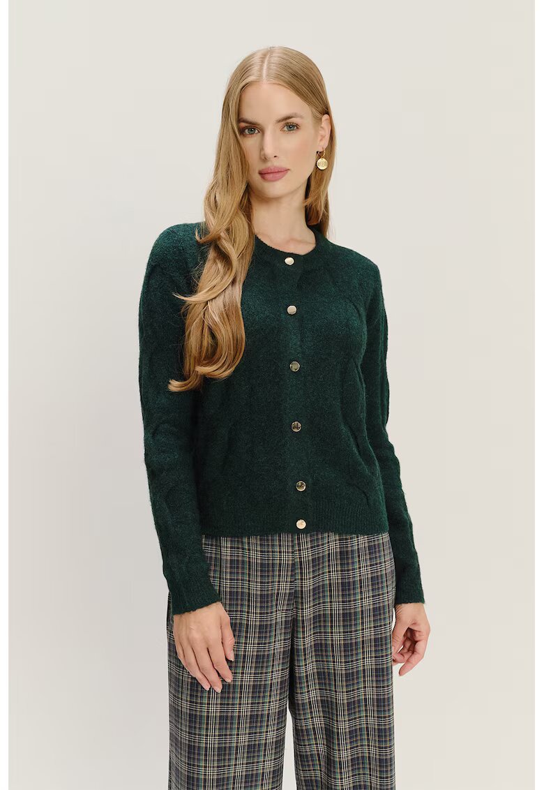 GreenPoint Cardigan texturat cu nasturi - Verde inchis