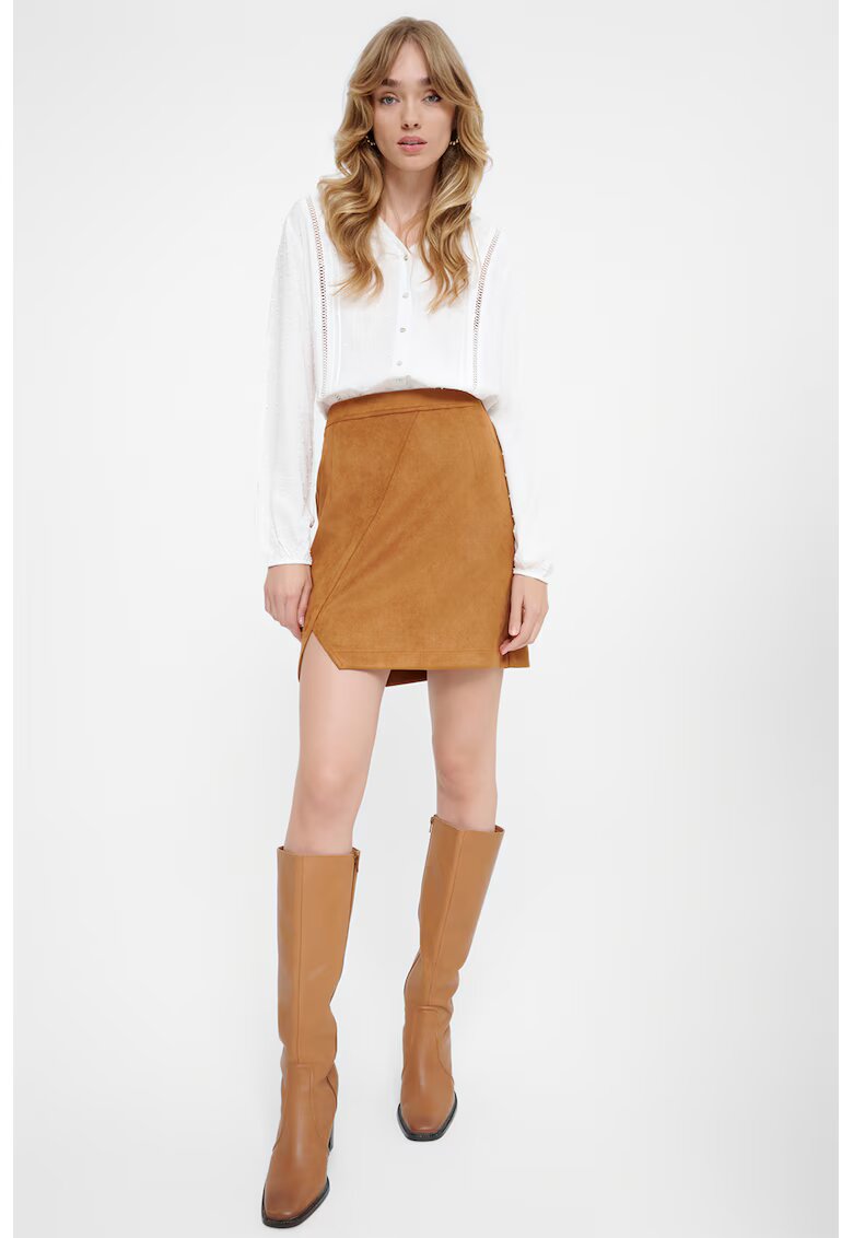 GreenPoint Fusta cu talie inalta si slit lateral - Caramel