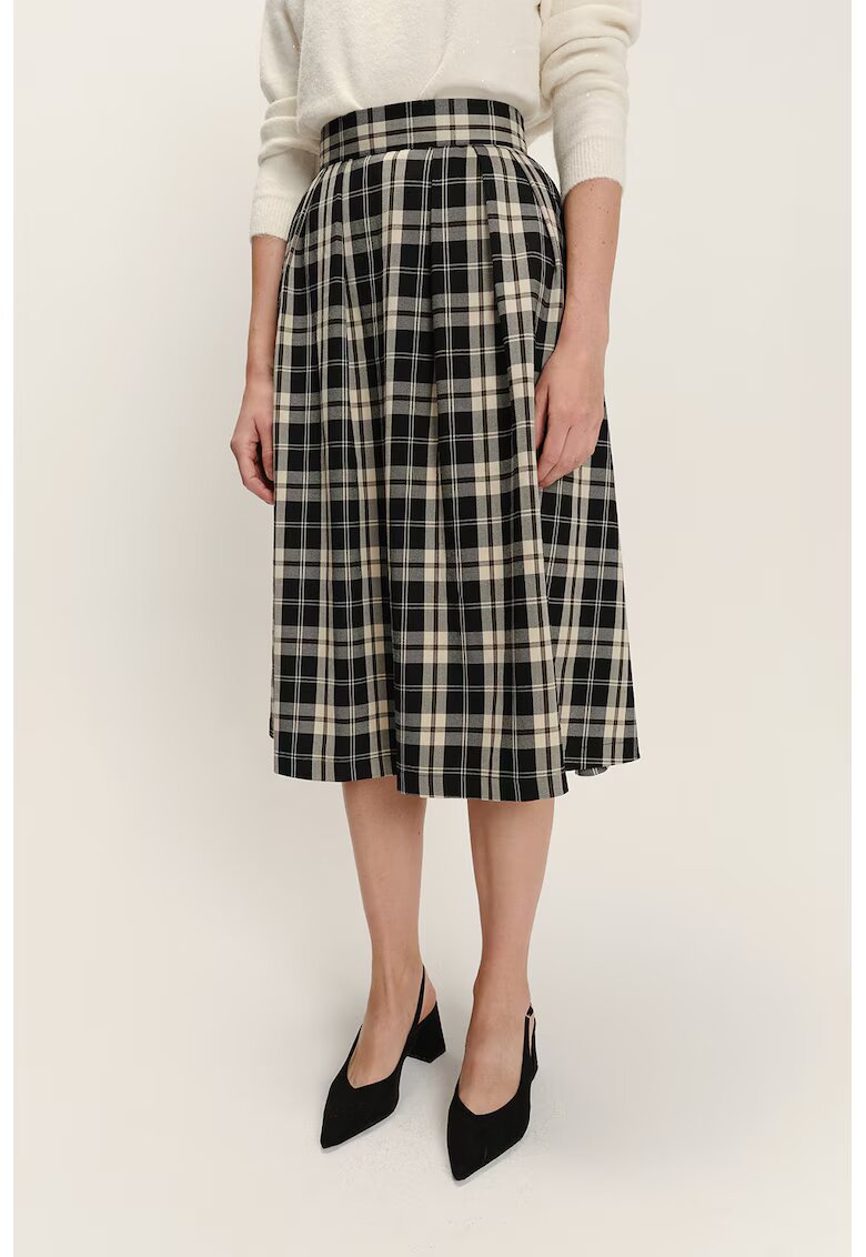GreenPoint Fusta midi in carouri - Negru/Bej deschis