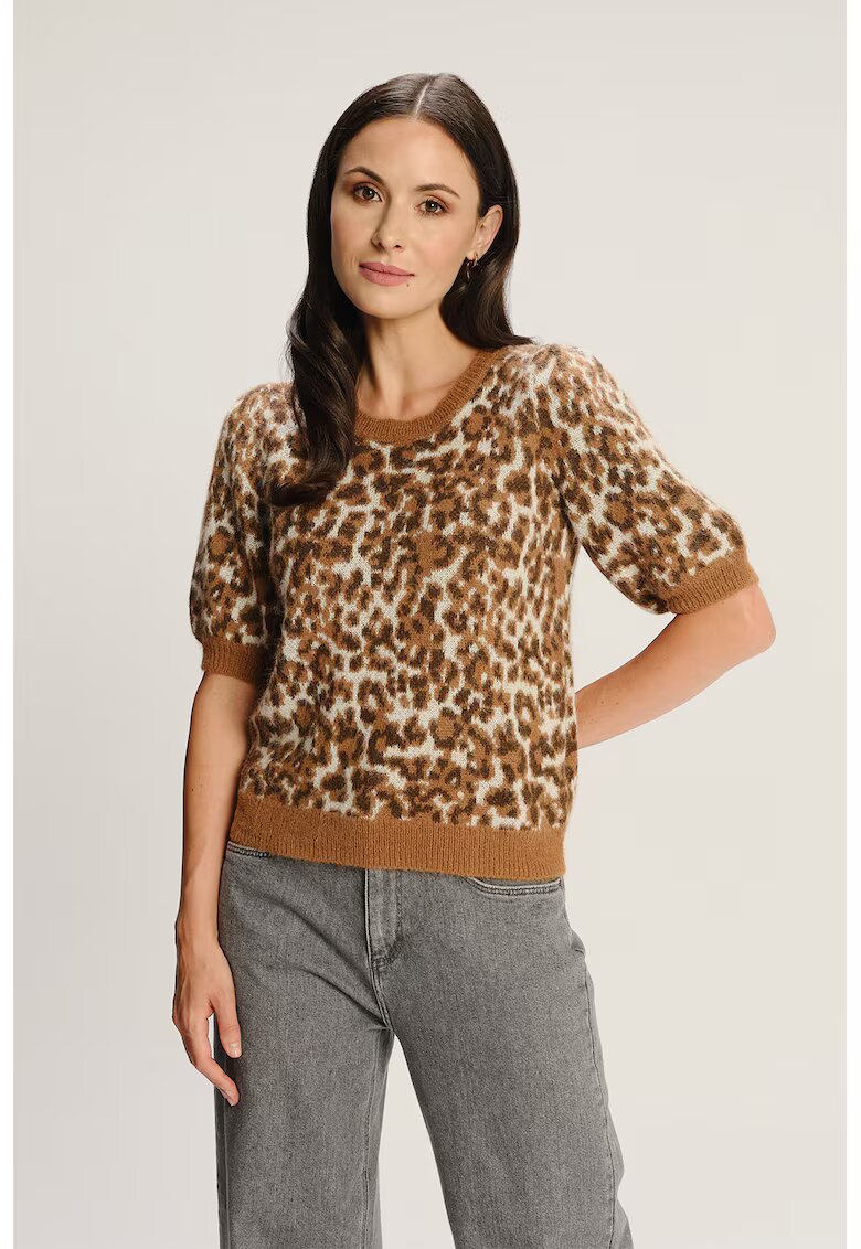 GreenPoint Pulover cu maneci scurte si animal print - Maro/Crem