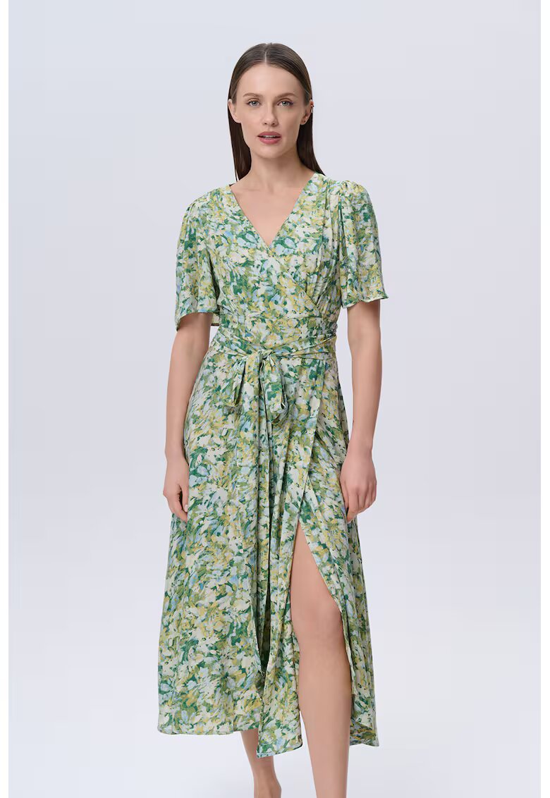 GreenPoint Rochie cu decolteu in V si cordon asortat - Verde pal/Verde fistic