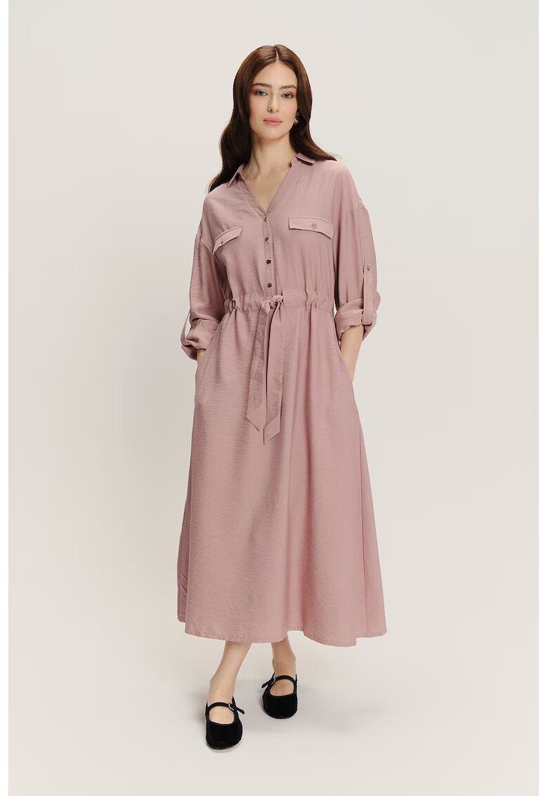 GreenPoint Rochie cu talie ajustabila si maneci lungi - Roz prafuit