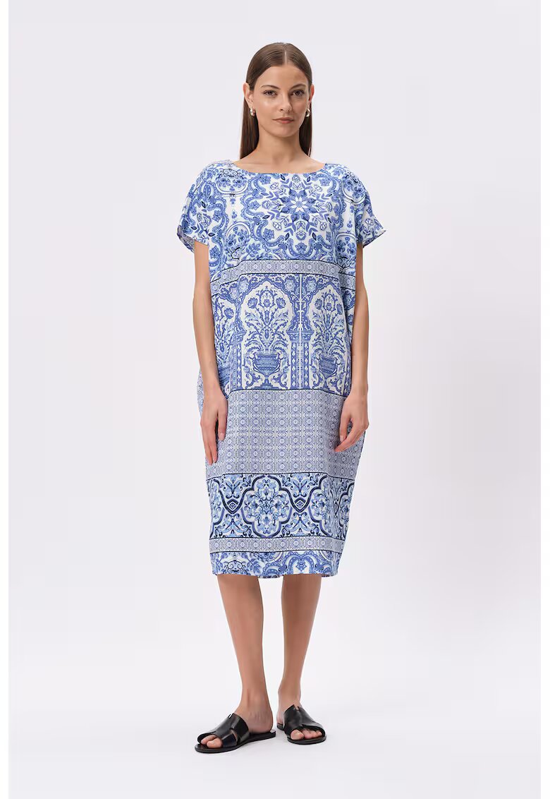 GreenPoint Rochie lejera din amestec de in cu imprimeu - Alb/Albastru deschis