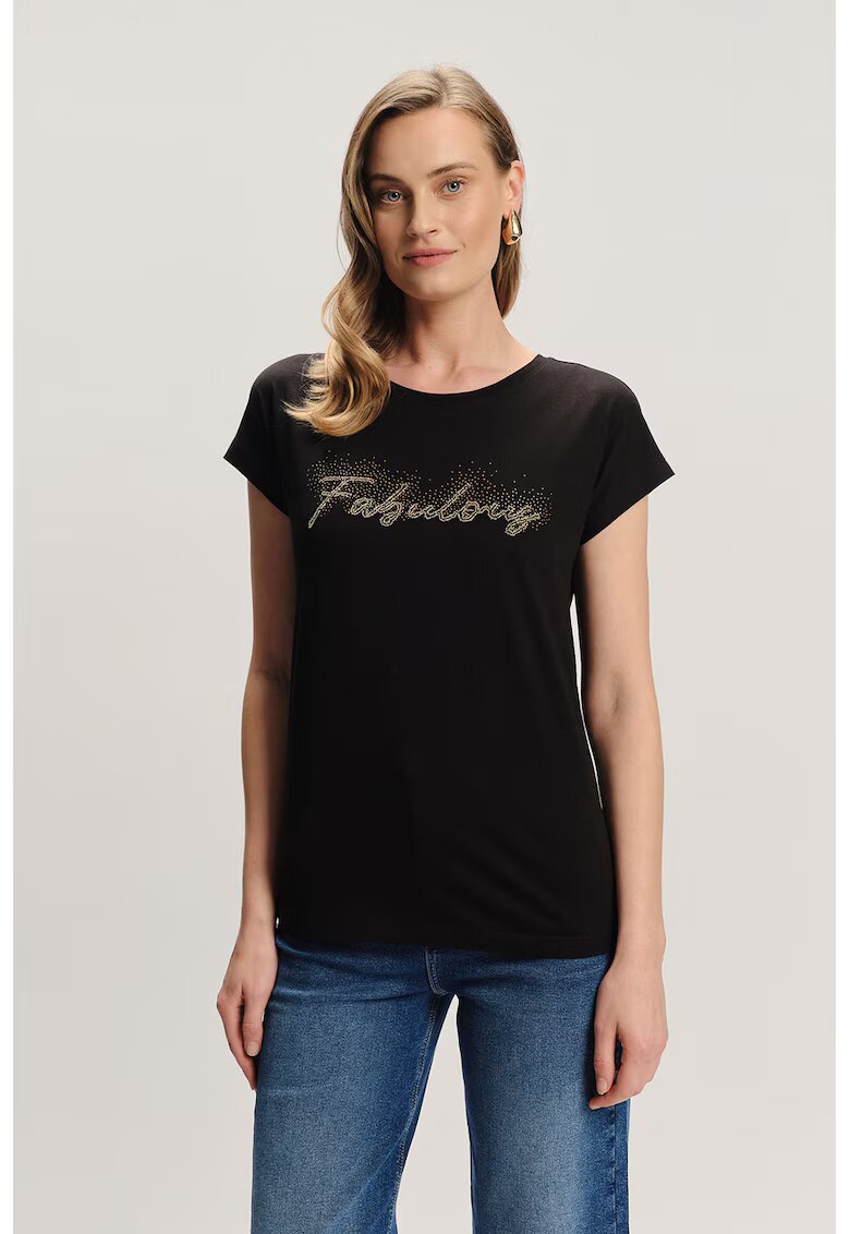 GreenPoint Tricou din amestec de modal cu text din strasuri - Negru