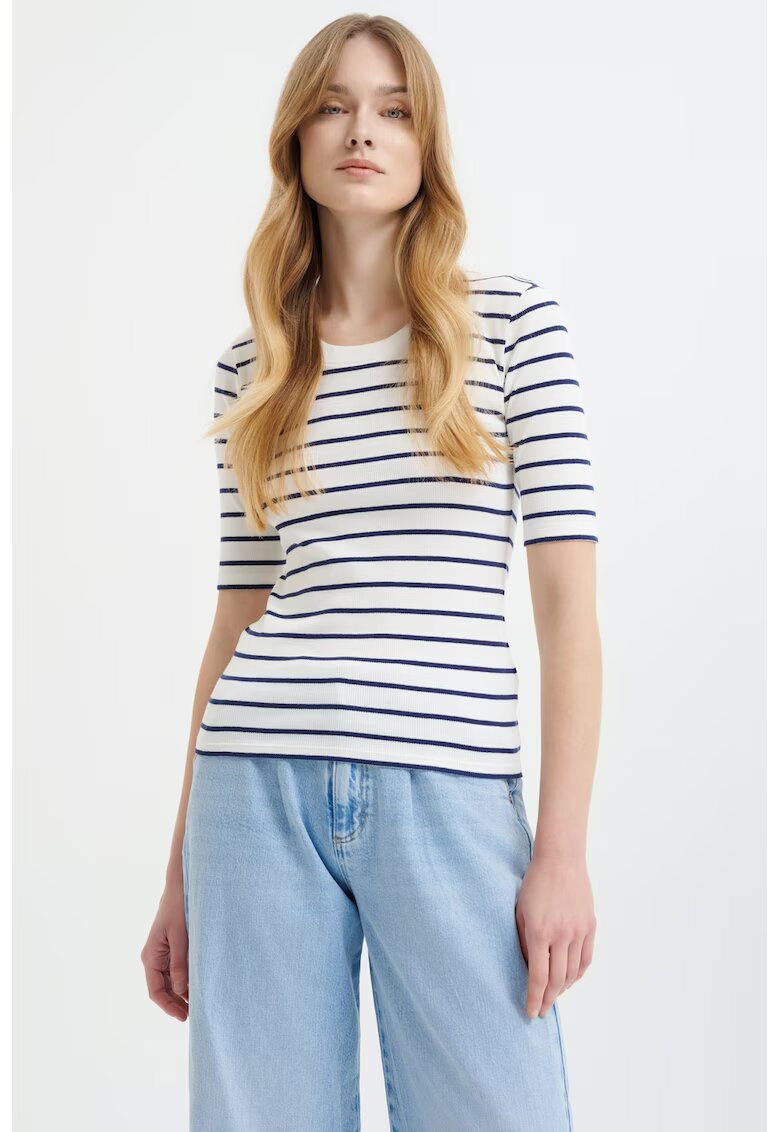 GreenPoint Tricou slim fit striat - Alb/Bleumarin