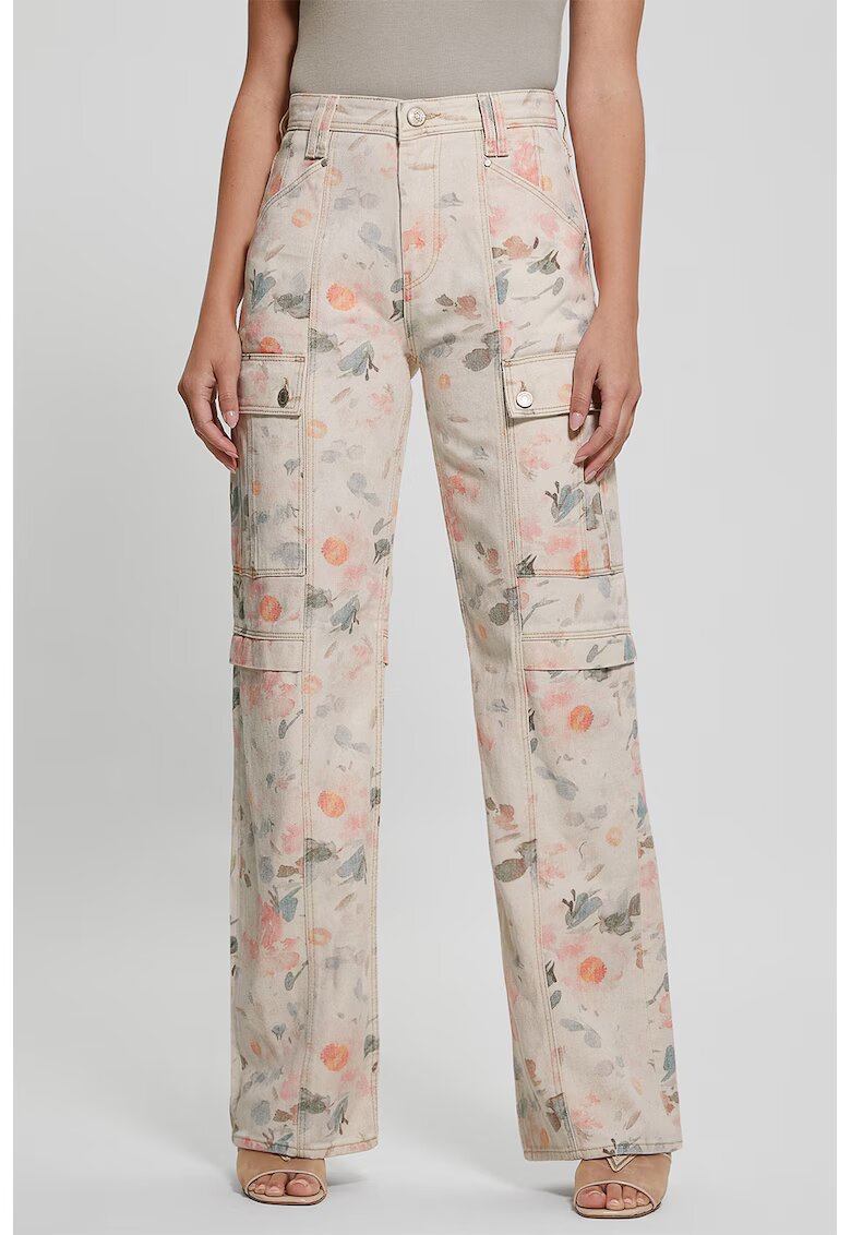 Guess Blugi drepti cu imprimeu floral - Piersica/Albastru deschis/Crem