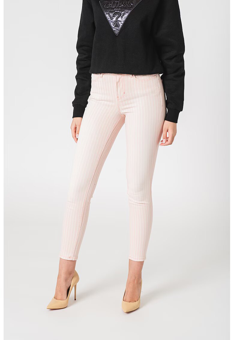 Guess Blugi skinny cu model in dungi - Alb/Roz deschis