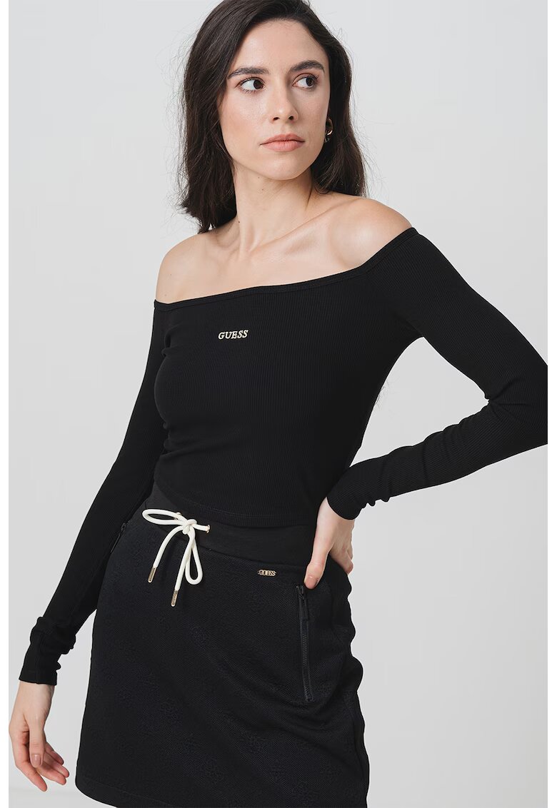 Guess Bluza crop cu decolteu pe umeri - Negru/Alb murdar