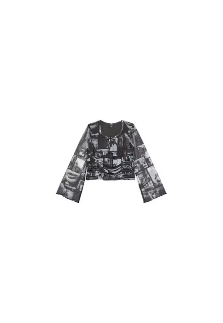 Guess Bluza cu decolteu cu funda si model grafic