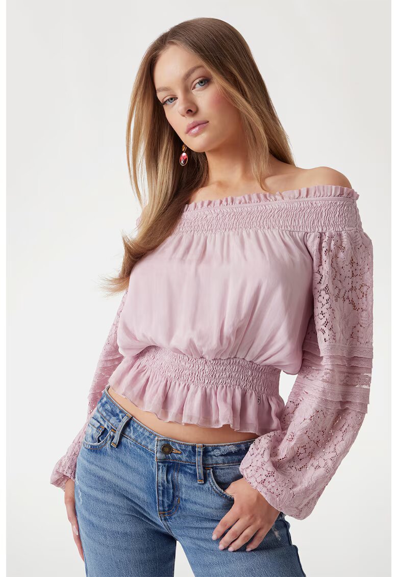 Guess Bluza din amestec de matase cu decolteu pe umeri - Violet prafuit
