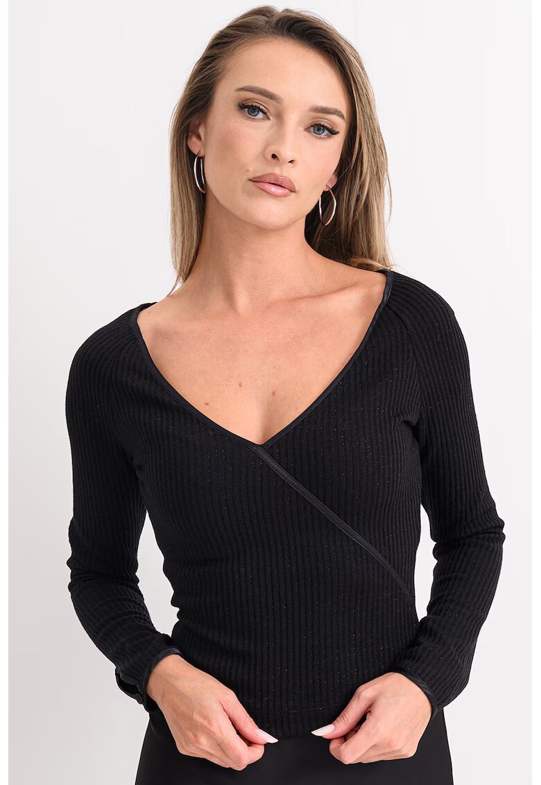 Guess Bluza striata cu decolteu in V - Negru