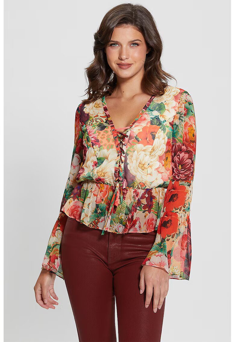 Guess Bluza vaporoasa cu decolteu in V - Multicolor