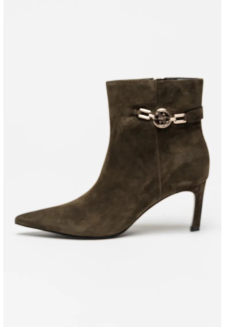 Guess Botine de piele intoarsa cu varf ascutit Paislie - Kaki inchis