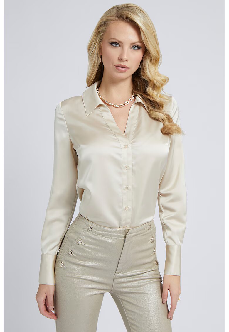 Guess Camasa de satin cu cordon in talie - Alb fildes