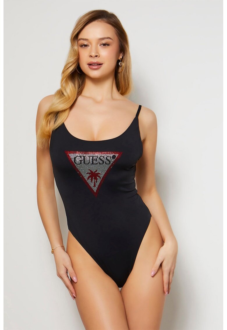 Guess Costum de baie cu logo din strasuri - Negru