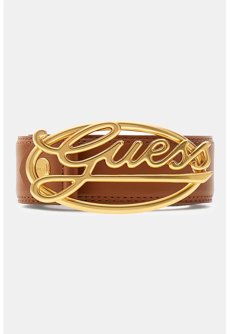 Guess Curea din piele ecologica Logo-Script - Caramel/Crem