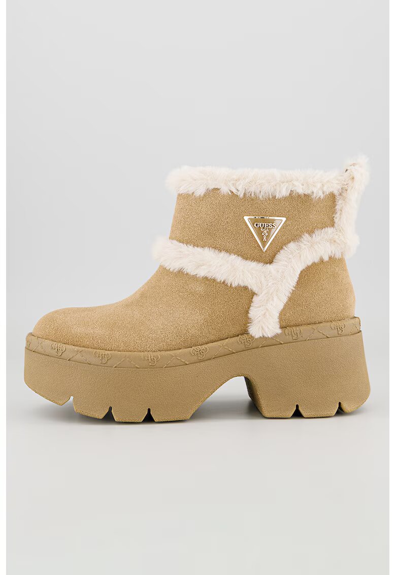 Guess Ghete demiwedge slip-on de piele intoarsa ecologica cu garnituri de blana sintetica - Maro deschis