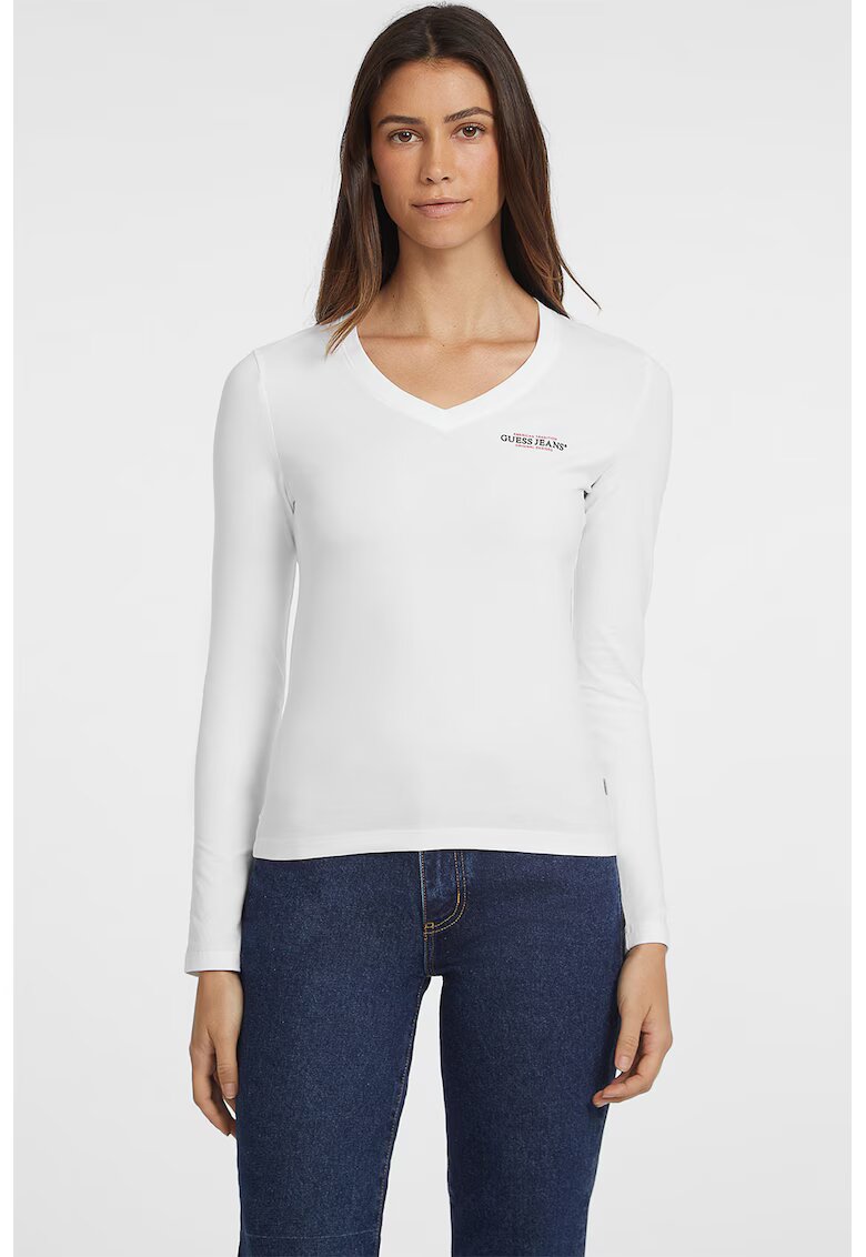 Guess Jeans Bluza cu decolteu in V si imprimeu logo - Alb