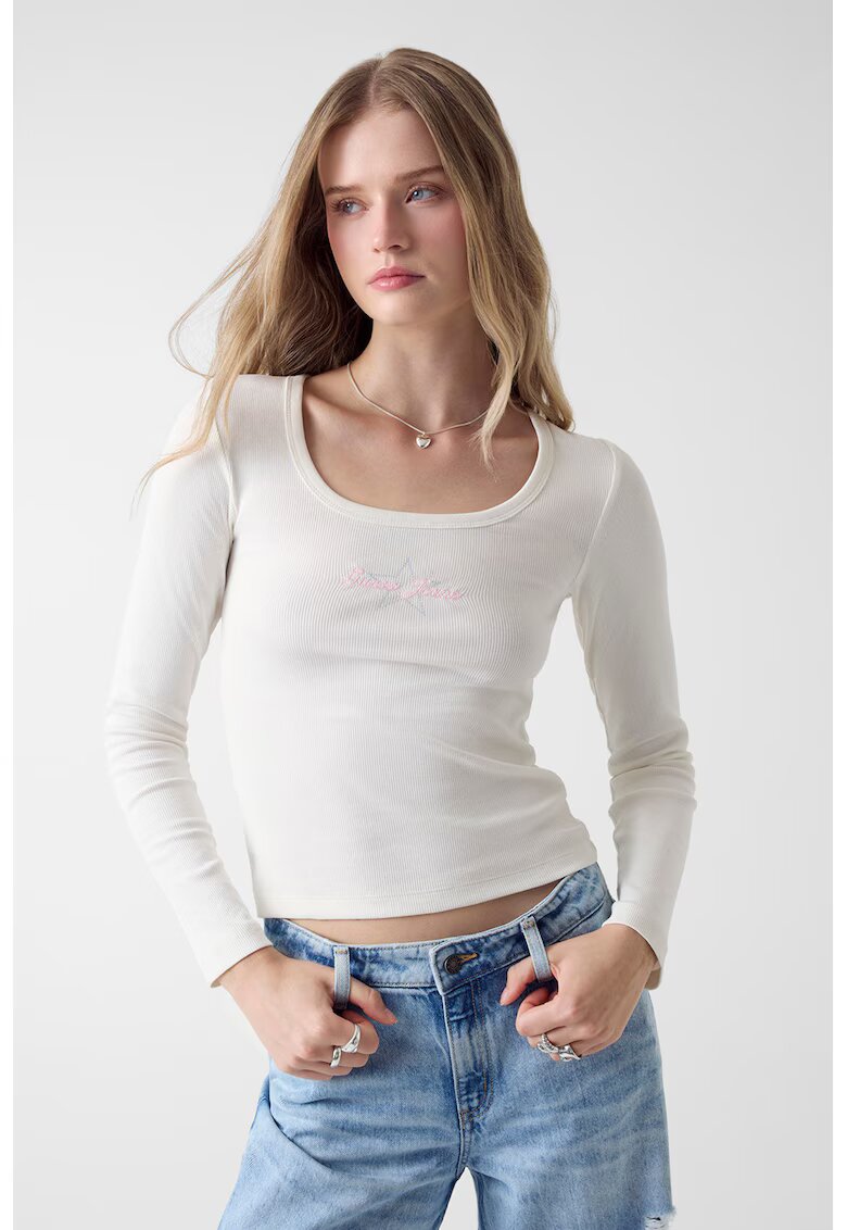 Guess Jeans Bluza cu decolteu rotund si imprimeu logo - Alb murdar