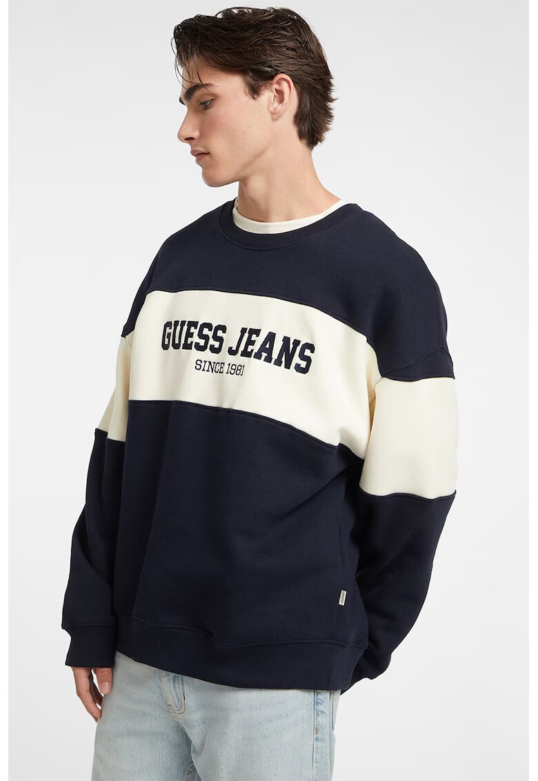 Guess Jeans Bluza de trening supradimensionata cu decolteu la baza gatului - Albastru ultramarin/Alb murdar