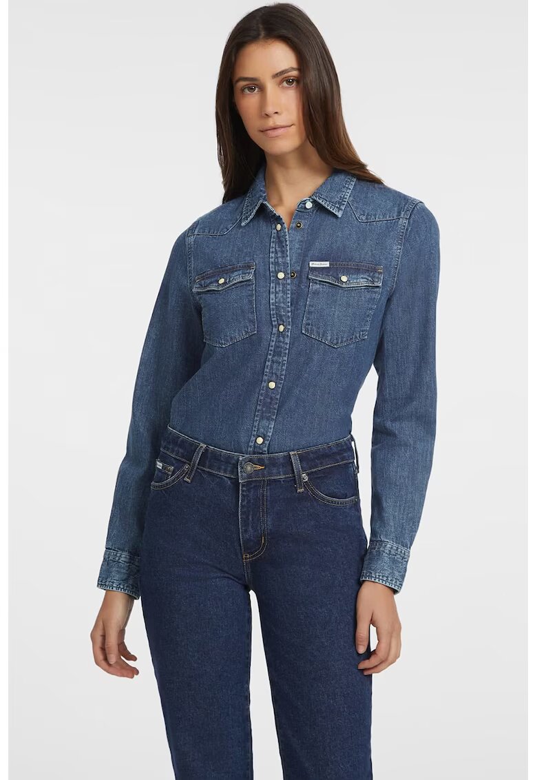 Guess Jeans Camasa din denim cu buzunare pe piept - Albastru inchis