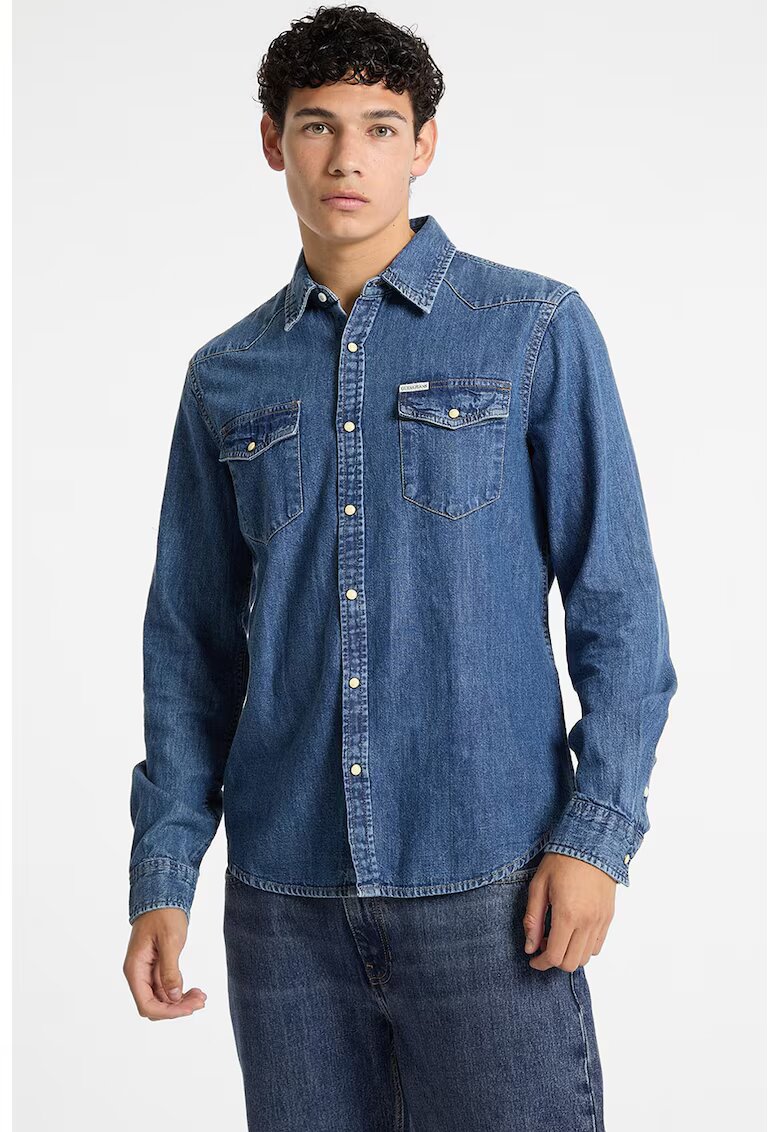 Guess Jeans Camasa slim-fit din denim cu capsa - Albastru melange