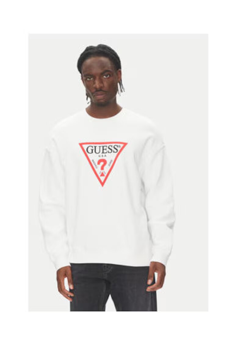 Guess Jeans Hanorac din amestec de bumbac cu logo frontal si terminatie striata