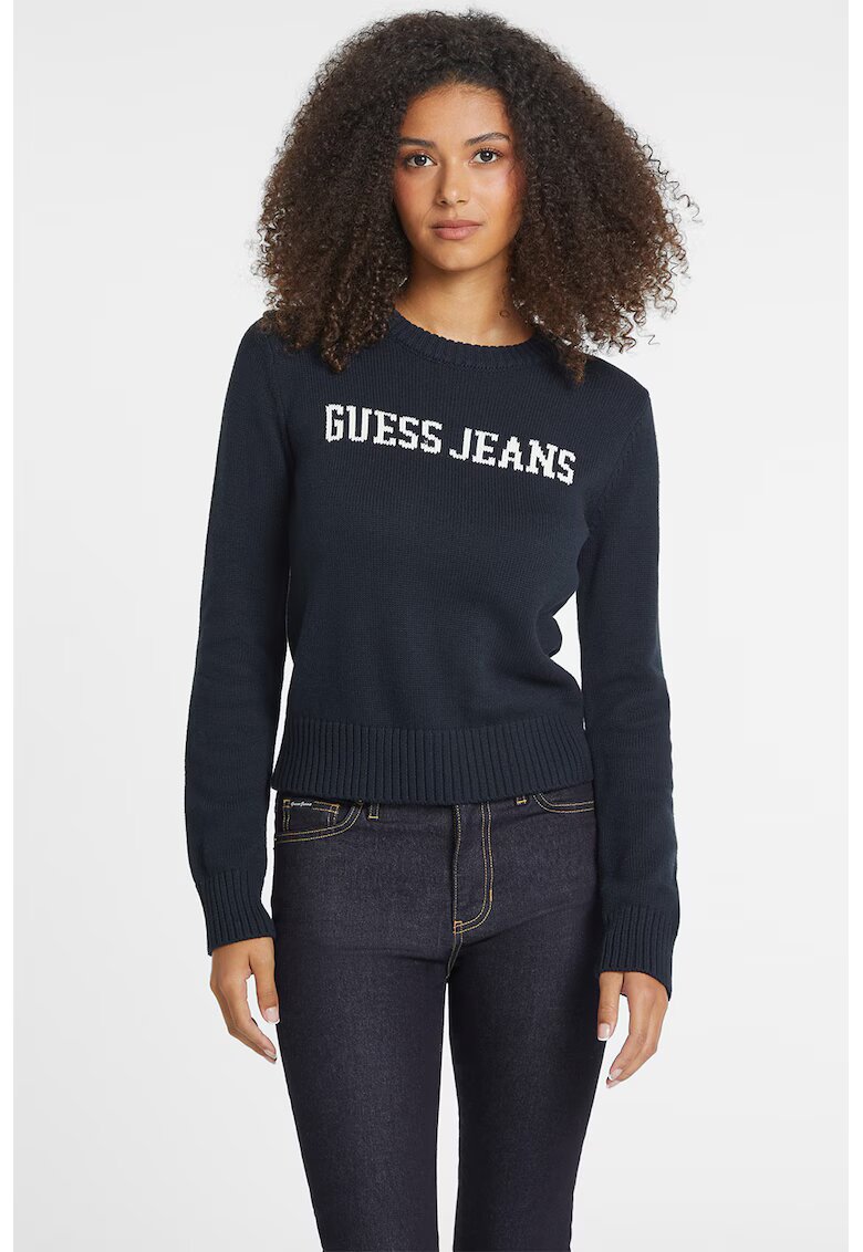 Guess Jeans Pulover regular fit cu imprimeu logo - Bleumarin
