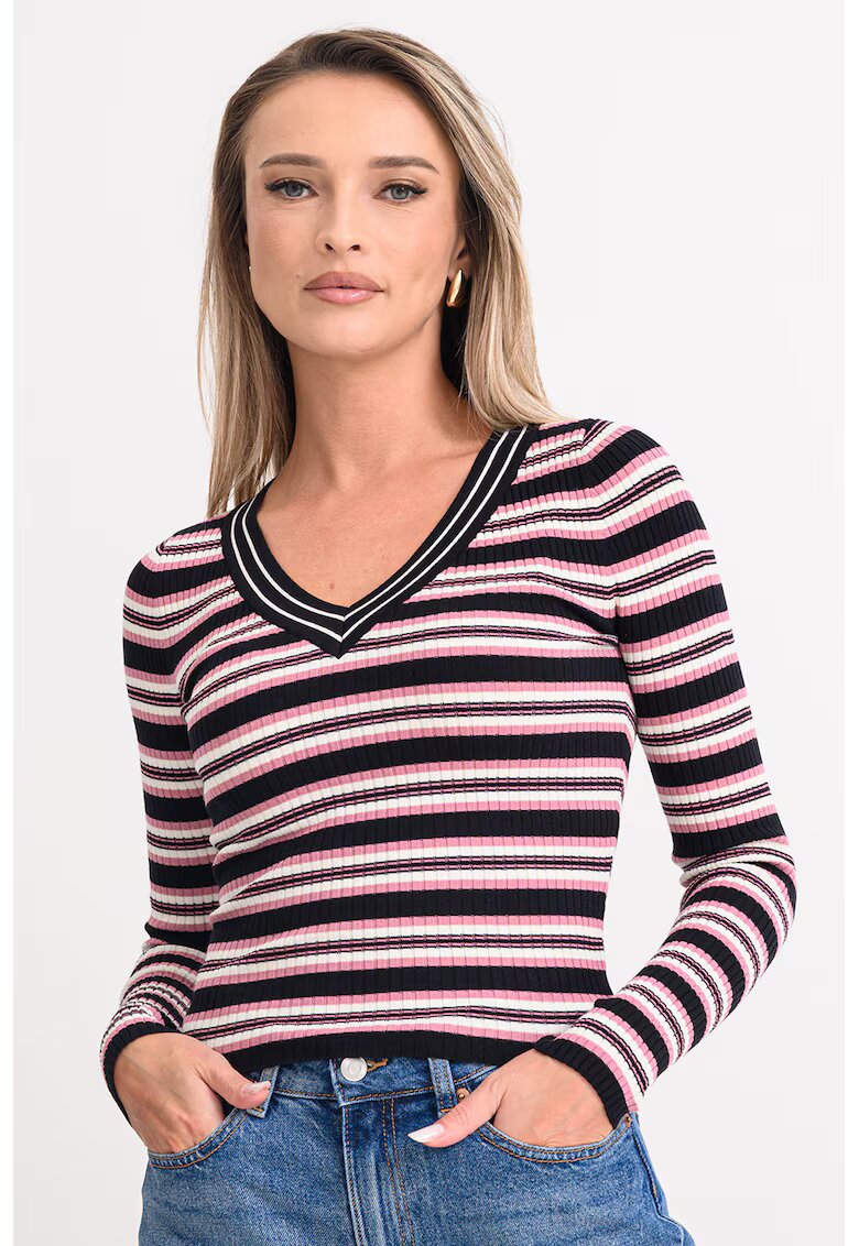 Guess Jeans Pulover slim fit cu decolteu in V - Negru/Roz