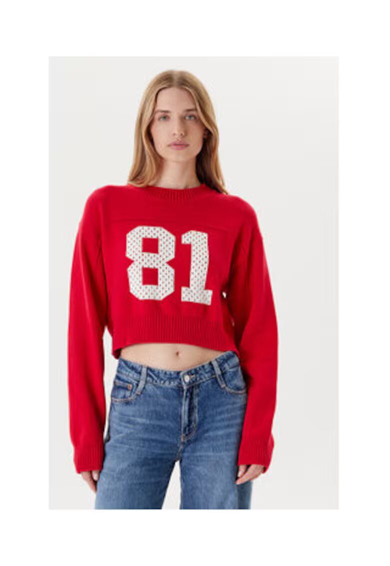 Guess Jeans Pulover tricotat din bumbac cu terminatii striate - decolteu la baza gatului si imprimeu frontal