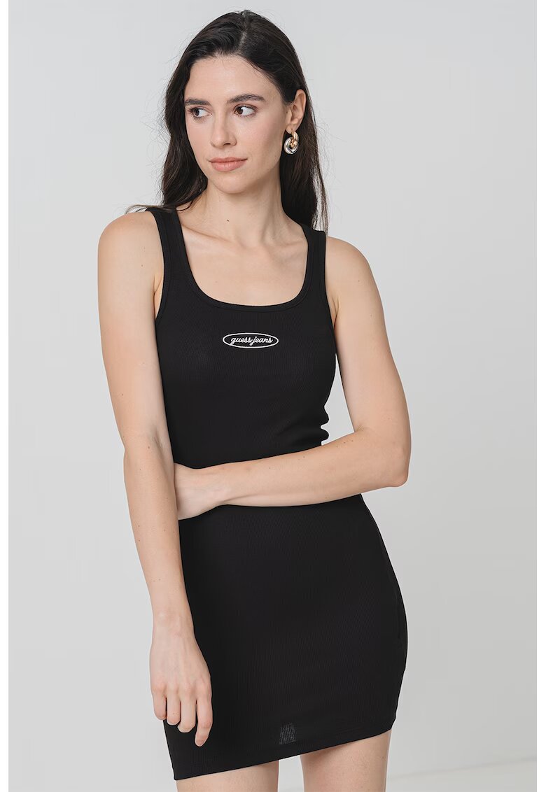 Guess Jeans Rochie cambrata cu decolteu la baza gatului - Negru/Alb optic