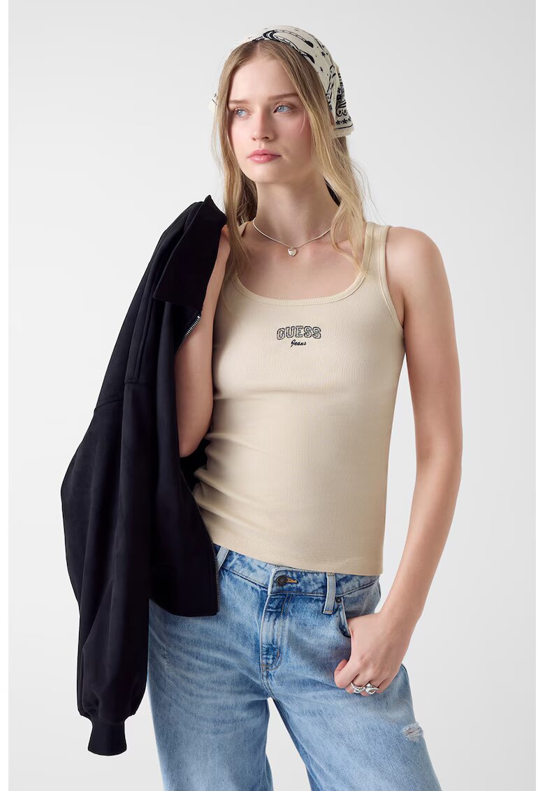 Guess Jeans Top cu decolteu rotund si imprimeu logo - Crem