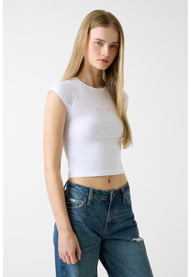 Guess Jeans Tricou crop cu logo - Alb optic