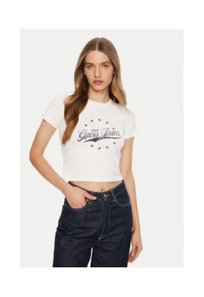 Guess Jeans Tricou crop cu print logo. - Alb