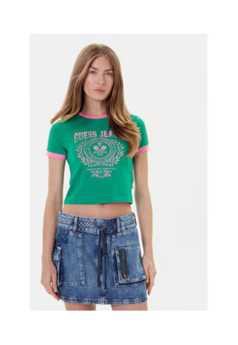 Guess Jeans Tricou crop din amestec de bumbac organic cu imprimeu